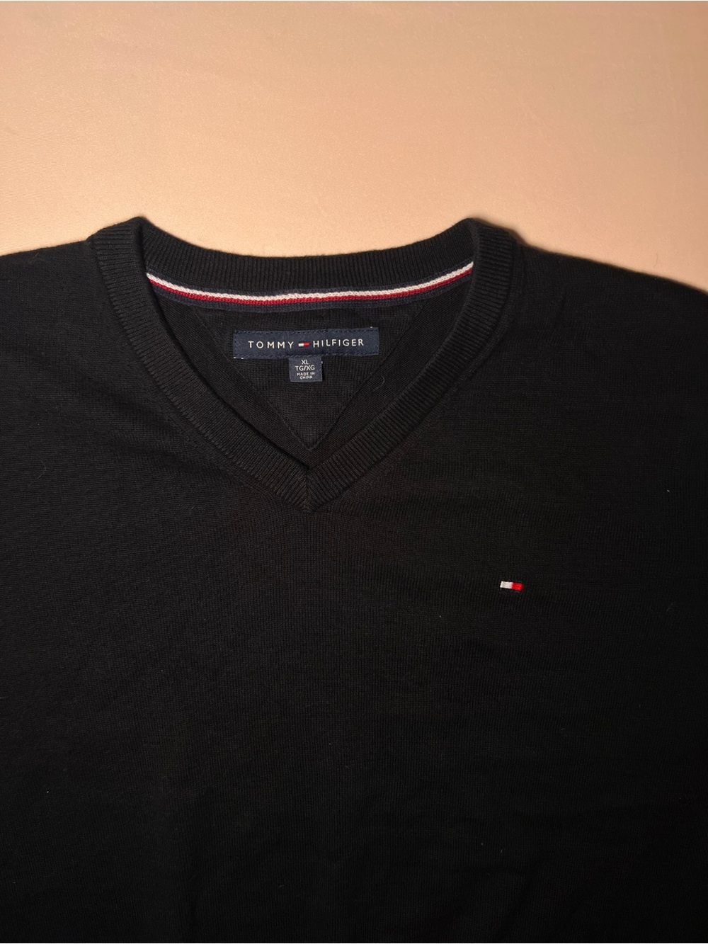 Tommy Hilfiger Black V-Neck Sweater with Signature Flag